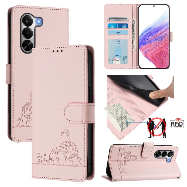Cat Rat Embossed Pattern RFID Leather Phone Case with Lanyard, For Realme P4x 5G / OnePlus Nord CE6 Lite, For Realme 16T 5G Global, For Realme C100 5G / C85 5G Global, For Realme P4 Power 5G