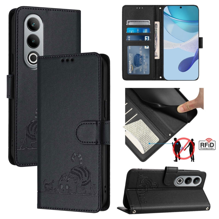 Cat Rat Embossed Pattern RFID Leather Phone Case with Lanyard, For OnePlus Nord CE4 5G, For OnePlus Nord N30 SE 5G, For OnePlus 12R 5G Global, For OnePlus 12 5G Global