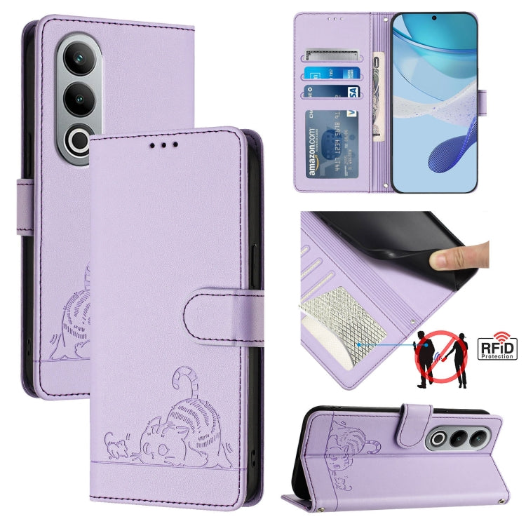 Cat Rat Embossed Pattern RFID Leather Phone Case with Lanyard, For OnePlus Nord CE4 5G, For OnePlus Nord N30 SE 5G, For OnePlus 12R 5G Global, For OnePlus 12 5G Global