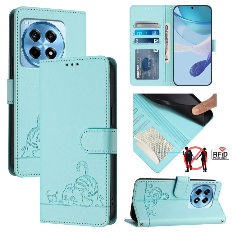 Cat Rat Embossed Pattern RFID Leather Phone Case with Lanyard, For OnePlus Nord CE4 5G, For OnePlus Nord N30 SE 5G, For OnePlus 12R 5G Global, For OnePlus 12 5G Global