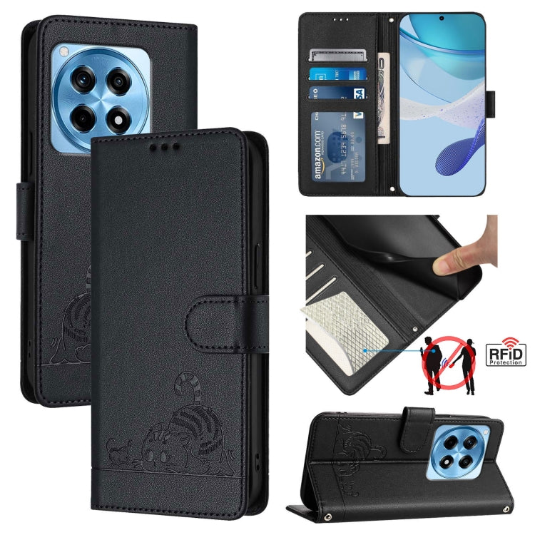 Cat Rat Embossed Pattern RFID Leather Phone Case with Lanyard, For OnePlus Nord CE4 5G, For OnePlus Nord N30 SE 5G, For OnePlus 12R 5G Global, For OnePlus 12 5G Global