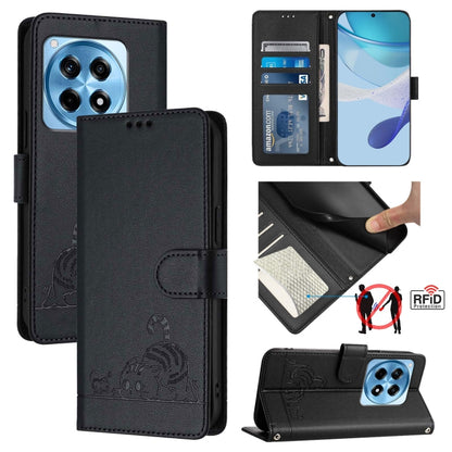 Cat Rat Embossed Pattern RFID Leather Phone Case with Lanyard, For OnePlus Nord CE4 5G, For OnePlus Nord N30 SE 5G, For OnePlus 12R 5G Global, For OnePlus 12 5G Global