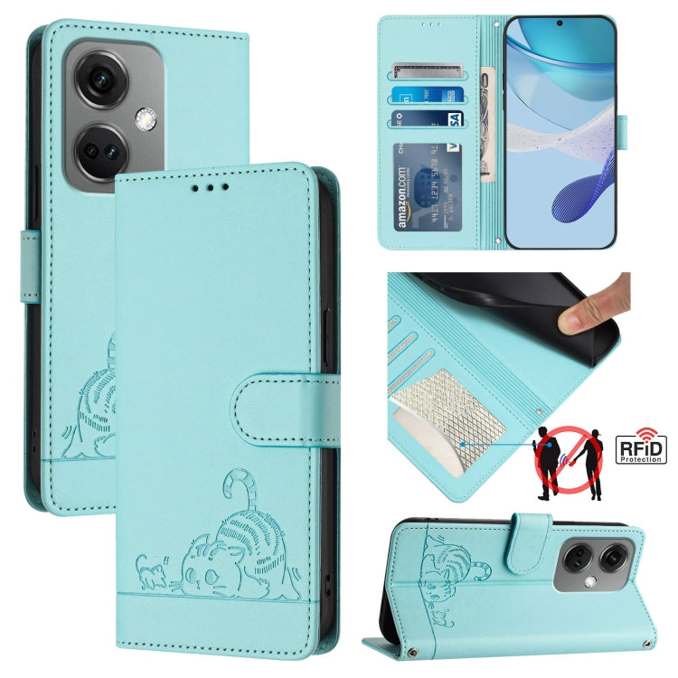 Cat Rat Embossed Pattern RFID Leather Phone Case with Lanyard, For OnePlus Nord CE3 5G India, For OnePlus Nord N30, For OnePlus Nord CE 3 Lite 5G, For OnePlus Ace 2V / Nord 3
