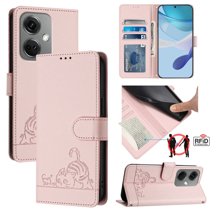 Cat Rat Embossed Pattern RFID Leather Phone Case with Lanyard, For OnePlus Nord CE3 5G India, For OnePlus Nord N30, For OnePlus Nord CE 3 Lite 5G, For OnePlus Ace 2V / Nord 3