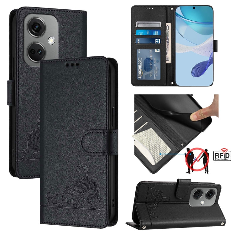 Cat Rat Embossed Pattern RFID Leather Phone Case with Lanyard, For OnePlus Nord CE3 5G India, For OnePlus Nord N30, For OnePlus Nord CE 3 Lite 5G, For OnePlus Ace 2V / Nord 3