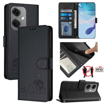 Cat Rat Embossed Pattern RFID Leather Phone Case with Lanyard, For OnePlus Nord CE3 5G India, For OnePlus Nord N30, For OnePlus Nord CE 3 Lite 5G, For OnePlus Ace 2V / Nord 3