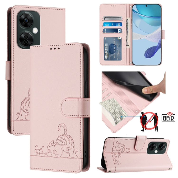 Cat Rat Embossed Pattern RFID Leather Phone Case with Lanyard, For OnePlus Nord CE3 5G India, For OnePlus Nord N30, For OnePlus Nord CE 3 Lite 5G, For OnePlus Ace 2V / Nord 3
