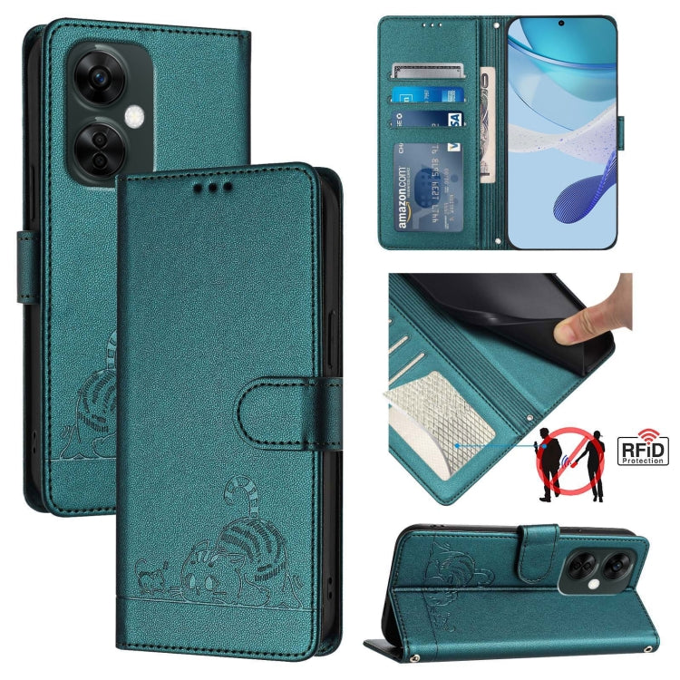Cat Rat Embossed Pattern RFID Leather Phone Case with Lanyard, For OnePlus Nord CE3 5G India, For OnePlus Nord N30, For OnePlus Nord CE 3 Lite 5G, For OnePlus Ace 2V / Nord 3