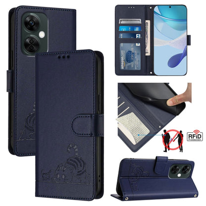 Cat Rat Embossed Pattern RFID Leather Phone Case with Lanyard, For OnePlus Nord CE3 5G India, For OnePlus Nord N30, For OnePlus Nord CE 3 Lite 5G, For OnePlus Ace 2V / Nord 3