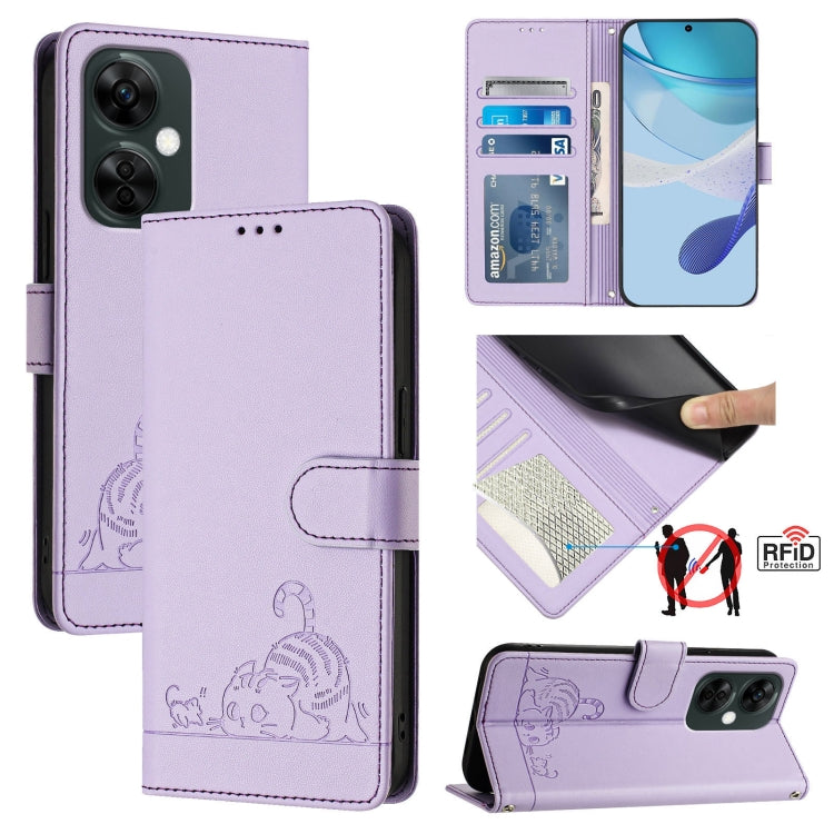 Cat Rat Embossed Pattern RFID Leather Phone Case with Lanyard, For OnePlus Nord CE3 5G India, For OnePlus Nord N30, For OnePlus Nord CE 3 Lite 5G, For OnePlus Ace 2V / Nord 3