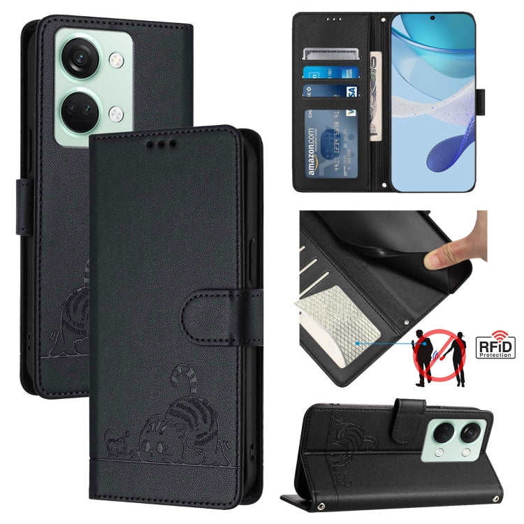 Cat Rat Embossed Pattern RFID Leather Phone Case with Lanyard, For OnePlus Nord CE3 5G India, For OnePlus Nord N30, For OnePlus Nord CE 3 Lite 5G, For OnePlus Ace 2V / Nord 3