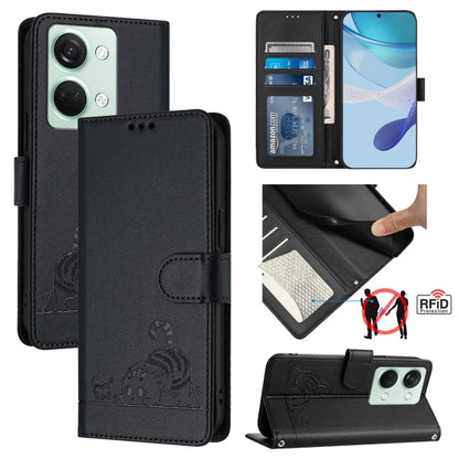 Cat Rat Embossed Pattern RFID Leather Phone Case with Lanyard, For OnePlus Nord CE3 5G India, For OnePlus Nord N30, For OnePlus Nord CE 3 Lite 5G, For OnePlus Ace 2V / Nord 3