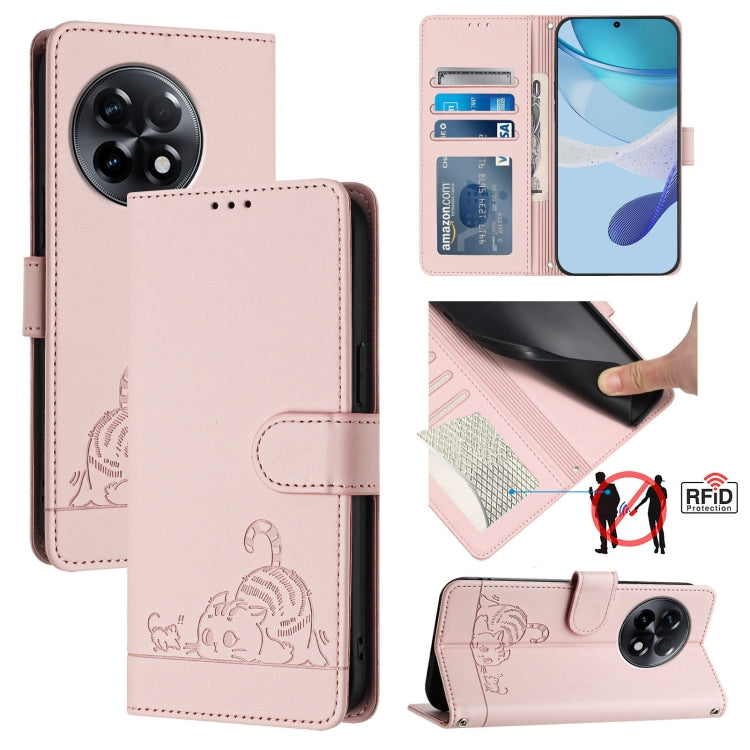 Cat Rat Embossed Pattern RFID Leather Phone Case with Lanyard, For OnePlus 11R 5G Global, For OnePlus 11, For OnePlus Nord N300, For OnePlus Ace Pro 5G