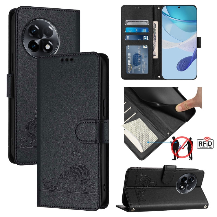 Cat Rat Embossed Pattern RFID Leather Phone Case with Lanyard, For OnePlus 11R 5G Global, For OnePlus 11, For OnePlus Nord N300, For OnePlus Ace Pro 5G