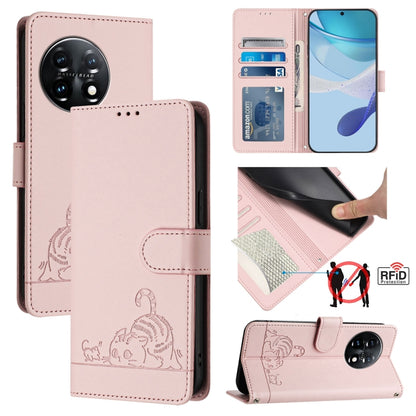 Cat Rat Embossed Pattern RFID Leather Phone Case with Lanyard, For OnePlus 11R 5G Global, For OnePlus 11, For OnePlus Nord N300, For OnePlus Ace Pro 5G