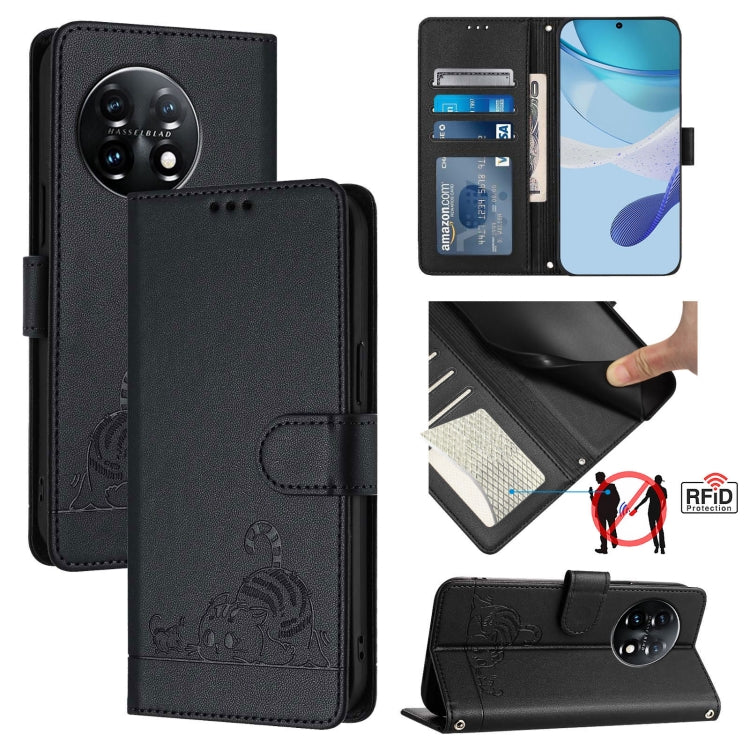 Cat Rat Embossed Pattern RFID Leather Phone Case with Lanyard, For OnePlus 11R 5G Global, For OnePlus 11, For OnePlus Nord N300, For OnePlus Ace Pro 5G