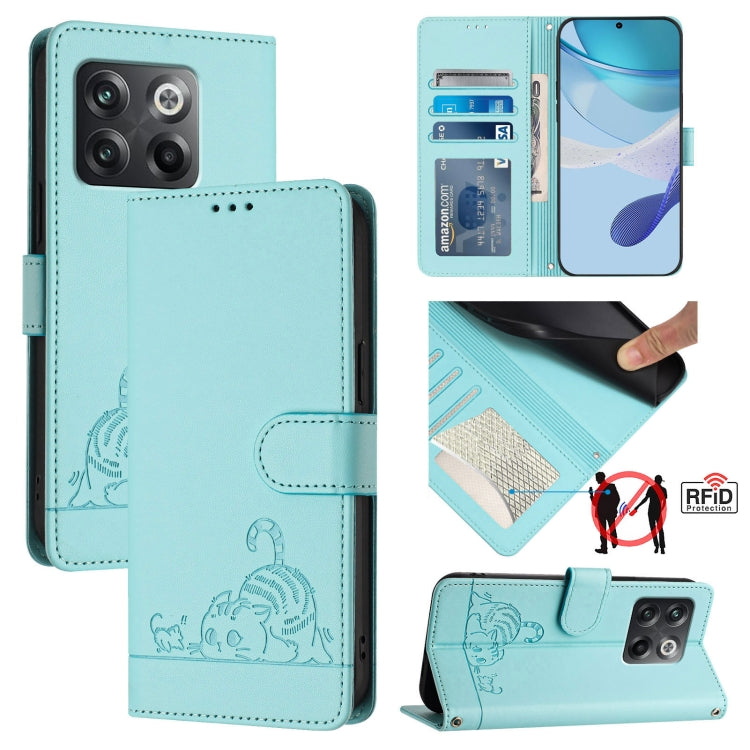 Cat Rat Embossed Pattern RFID Leather Phone Case with Lanyard, For OnePlus 11R 5G Global, For OnePlus 11, For OnePlus Nord N300, For OnePlus Ace Pro 5G