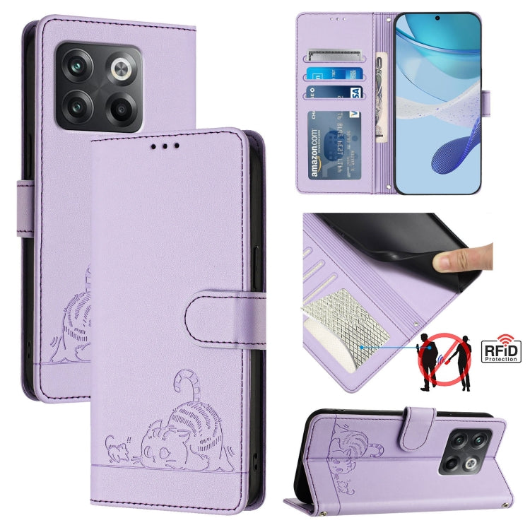 Cat Rat Embossed Pattern RFID Leather Phone Case with Lanyard, For OnePlus 11R 5G Global, For OnePlus 11, For OnePlus Nord N300, For OnePlus Ace Pro 5G