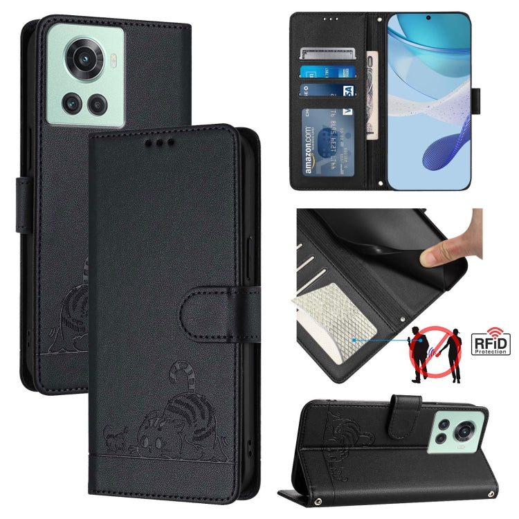 Cat Rat Embossed Pattern RFID Leather Phone Case with Lanyard, For OnePlus 10R / ACE / 10R Prime, For OnePlus Nord CE 2 5G, For OnePlus 10 Pro 5G, For OnePlus Nord N20 5G