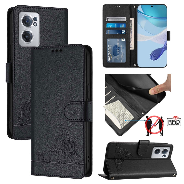 Cat Rat Embossed Pattern RFID Leather Phone Case with Lanyard, For OnePlus 10R / ACE / 10R Prime, For OnePlus Nord CE 2 5G, For OnePlus 10 Pro 5G, For OnePlus Nord N20 5G