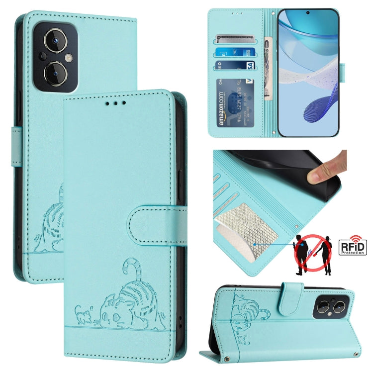 Cat Rat Embossed Pattern RFID Leather Phone Case with Lanyard, For OnePlus 10R / ACE / 10R Prime, For OnePlus Nord CE 2 5G, For OnePlus 10 Pro 5G, For OnePlus Nord N20 5G