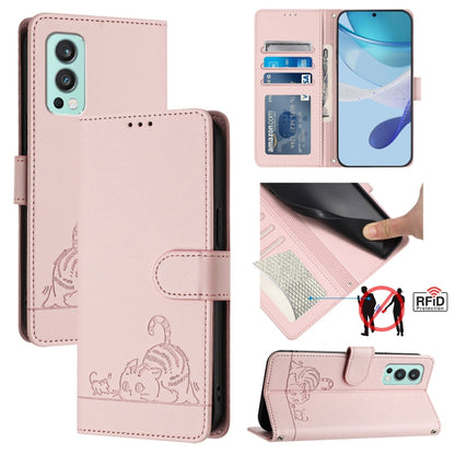 Cat Rat Embossed Pattern RFID Leather Phone Case with Lanyard, For OnePlus Nord CE 5G, For OnePlus Nord 2, For OnePlus 9 Pro, For OnePlus 9