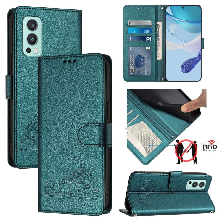 Cat Rat Embossed Pattern RFID Leather Phone Case with Lanyard, For OnePlus Nord CE 5G, For OnePlus Nord 2, For OnePlus 9 Pro, For OnePlus 9