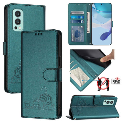 Cat Rat Embossed Pattern RFID Leather Phone Case with Lanyard, For OnePlus Nord CE 5G, For OnePlus Nord 2, For OnePlus 9 Pro, For OnePlus 9
