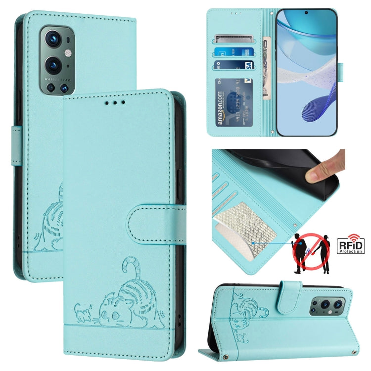 Cat Rat Embossed Pattern RFID Leather Phone Case with Lanyard, For OnePlus Nord CE 5G, For OnePlus Nord 2, For OnePlus 9 Pro, For OnePlus 9