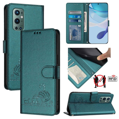 Cat Rat Embossed Pattern RFID Leather Phone Case with Lanyard, For OnePlus Nord CE 5G, For OnePlus Nord 2, For OnePlus 9 Pro, For OnePlus 9