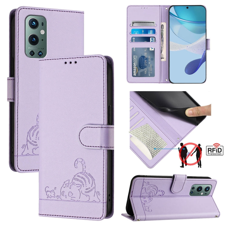 Cat Rat Embossed Pattern RFID Leather Phone Case with Lanyard, For OnePlus Nord CE 5G, For OnePlus Nord 2, For OnePlus 9 Pro, For OnePlus 9