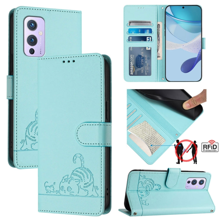 Cat Rat Embossed Pattern RFID Leather Phone Case with Lanyard, For OnePlus Nord CE 5G, For OnePlus Nord 2, For OnePlus 9 Pro, For OnePlus 9
