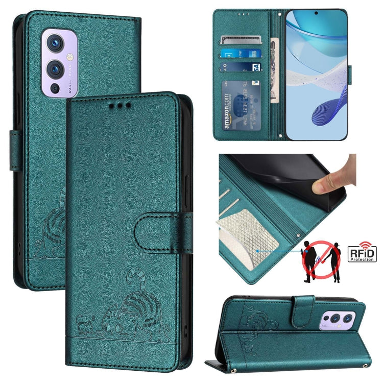 Cat Rat Embossed Pattern RFID Leather Phone Case with Lanyard, For OnePlus Nord CE 5G, For OnePlus Nord 2, For OnePlus 9 Pro, For OnePlus 9