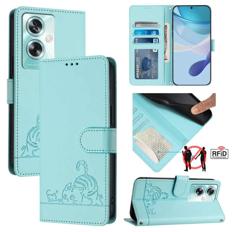 Cat Rat Embossed Pattern RFID Leather Phone Case with Lanyard, For OnePlus Nord CE4 5G, For OnePlus Nord N30 SE 5G, For OnePlus 12R 5G Global, For OnePlus 12 5G Global