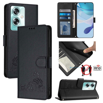 Cat Rat Embossed Pattern RFID Leather Phone Case with Lanyard, For OnePlus Nord CE4 5G, For OnePlus Nord N30 SE 5G, For OnePlus 12R 5G Global, For OnePlus 12 5G Global