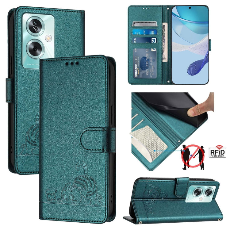Cat Rat Embossed Pattern RFID Leather Phone Case with Lanyard, For OnePlus Nord CE4 5G, For OnePlus Nord N30 SE 5G, For OnePlus 12R 5G Global, For OnePlus 12 5G Global