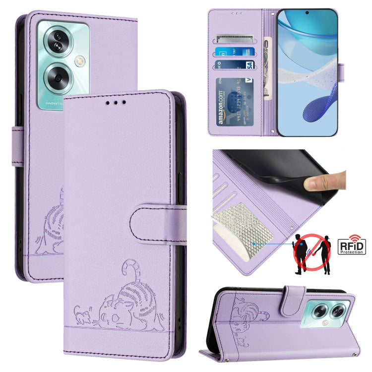 Cat Rat Embossed Pattern RFID Leather Phone Case with Lanyard, For OnePlus Nord CE4 5G, For OnePlus Nord N30 SE 5G, For OnePlus 12R 5G Global, For OnePlus 12 5G Global