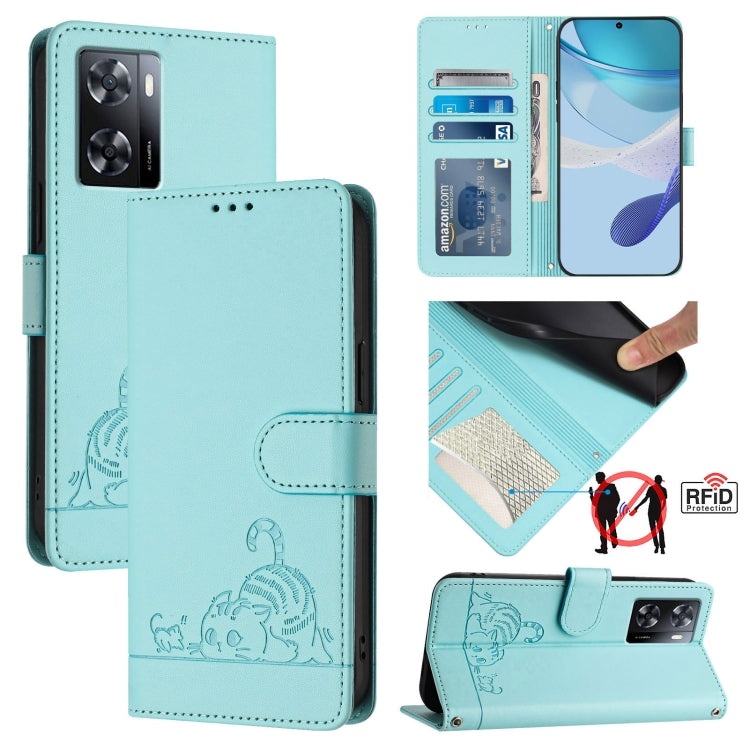 Cat Rat Embossed Pattern RFID Leather Phone Case with Lanyard, For OnePlus Nord N20 SE 4G Global, For OnePlus 10T 5G Global, ForFor OnePlus Nord 2T, For OnePlus Nord CE 2 Lite