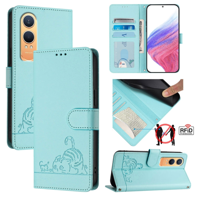 Cat Rat Embossed Pattern RFID Leather Phone Case with Lanyard, For OnePlus Nord 4 5G, For OnePlus Nord 4 5G Global, For OnePlus Nord CE4 Lite, For OnePlus Nord 2 Lite