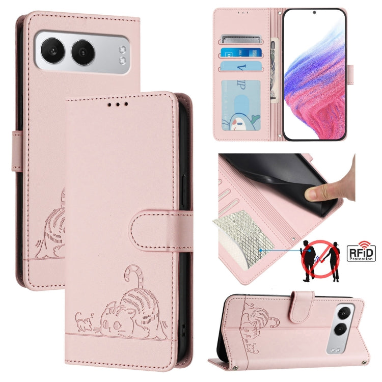 Cat Rat Embossed Pattern RFID Leather Phone Case with Lanyard, For OnePlus Nord 4 5G, For OnePlus Nord 4 5G Global, For OnePlus Nord CE4 Lite, For OnePlus Nord 2 Lite