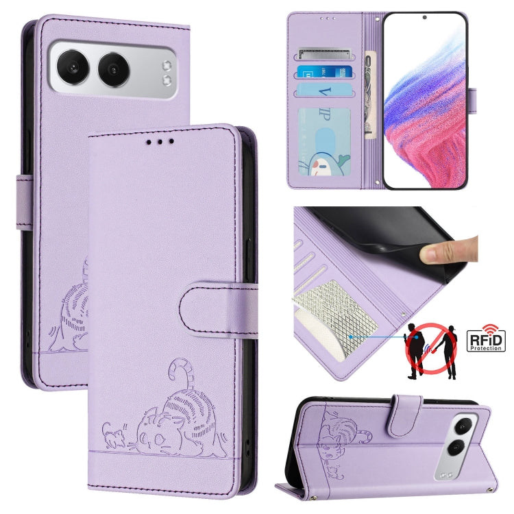 Cat Rat Embossed Pattern RFID Leather Phone Case with Lanyard, For OnePlus Nord 4 5G, For OnePlus Nord 4 5G Global, For OnePlus Nord CE4 Lite, For OnePlus Nord 2 Lite
