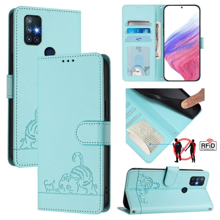 Cat Rat Embossed Pattern RFID Leather Phone Case with Lanyard, For OnePlus Nord N10 5G, For OnePlus 9R / 8T