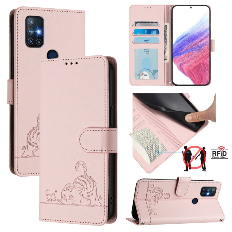 Cat Rat Embossed Pattern RFID Leather Phone Case with Lanyard, For OnePlus Nord N10 5G, For OnePlus 9R / 8T