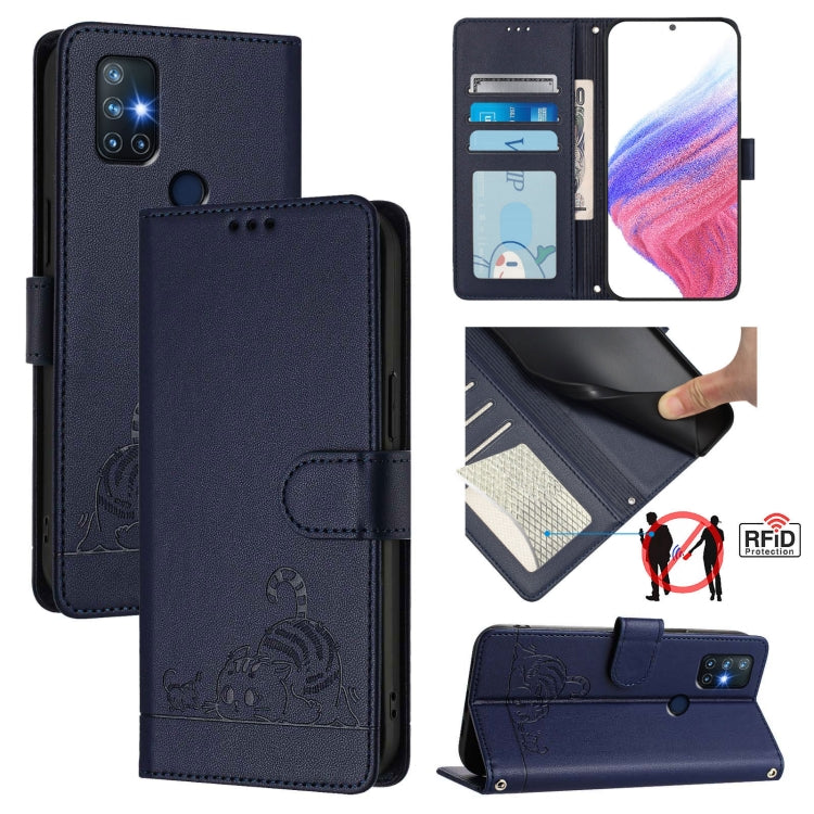 Cat Rat Embossed Pattern RFID Leather Phone Case with Lanyard, For OnePlus Nord N10 5G, For OnePlus 9R / 8T