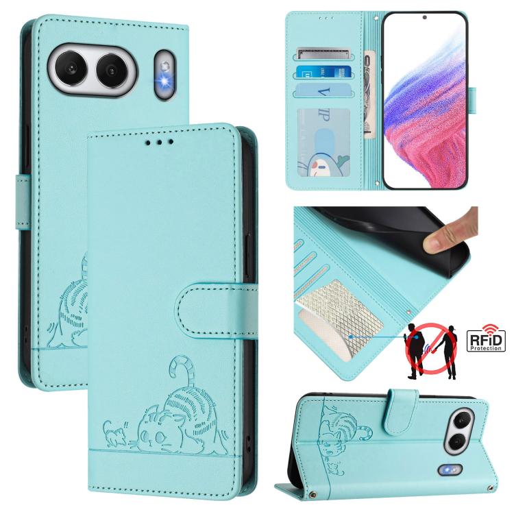 Cat Rat Embossed Pattern RFID Leather Phone Case with Lanyard, For OnePlus Nord 4 5G, For OnePlus Nord 4 5G Global, For OnePlus Nord CE4 Lite, For OnePlus Nord 2 Lite