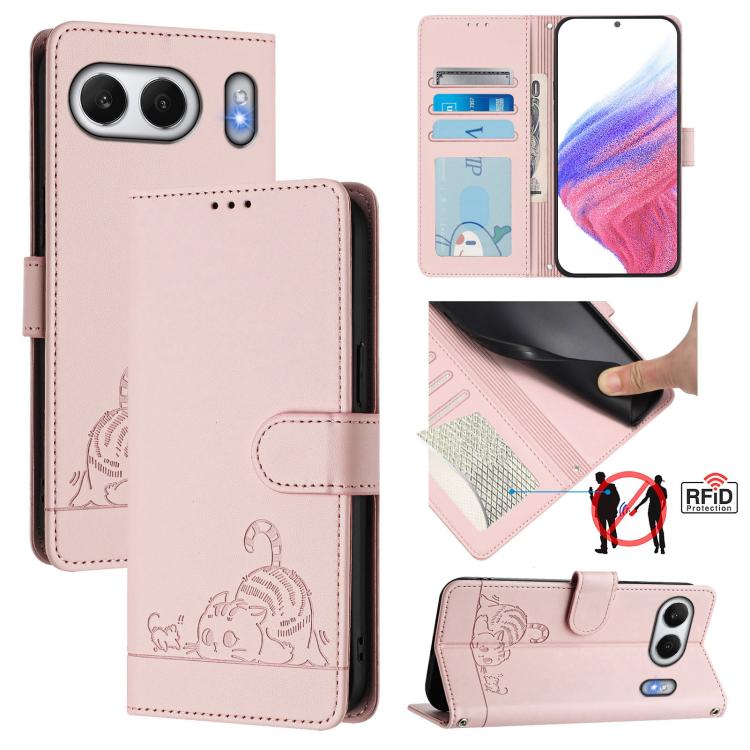 Cat Rat Embossed Pattern RFID Leather Phone Case with Lanyard, For OnePlus Nord 4 5G, For OnePlus Nord 4 5G Global, For OnePlus Nord CE4 Lite, For OnePlus Nord 2 Lite