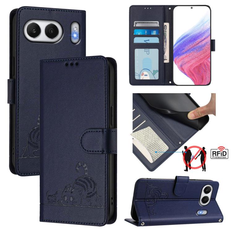 Cat Rat Embossed Pattern RFID Leather Phone Case with Lanyard, For OnePlus Nord 4 5G, For OnePlus Nord 4 5G Global, For OnePlus Nord CE4 Lite, For OnePlus Nord 2 Lite