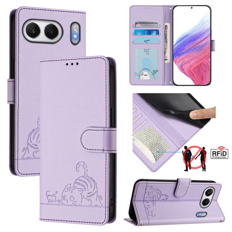 Cat Rat Embossed Pattern RFID Leather Phone Case with Lanyard, For OnePlus Nord 4 5G, For OnePlus Nord 4 5G Global, For OnePlus Nord CE4 Lite, For OnePlus Nord 2 Lite