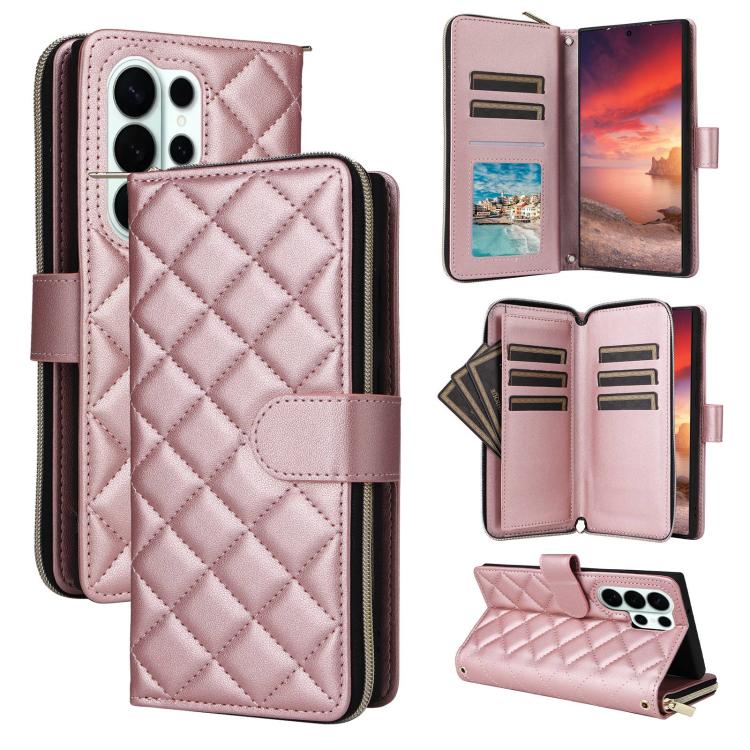 Crossbody Rhombic Zipper Tower Buckle Leather Phone Case with Lanyard, For Samsung Galaxy S26+ 5G, For Samsung Galaxy S26 Ultra 5G, For Samsung Galaxy S26 5G, For Samsung Galaxy S25 FE 5G