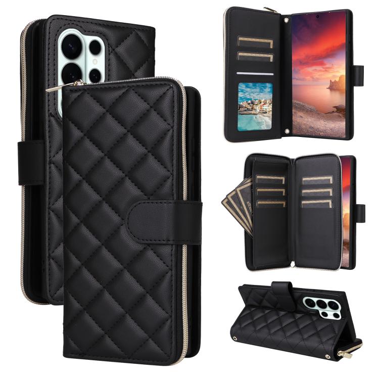 Crossbody Rhombic Zipper Tower Buckle Leather Phone Case with Lanyard, For Samsung Galaxy S26+ 5G, For Samsung Galaxy S26 Ultra 5G, For Samsung Galaxy S26 5G, For Samsung Galaxy S25 FE 5G